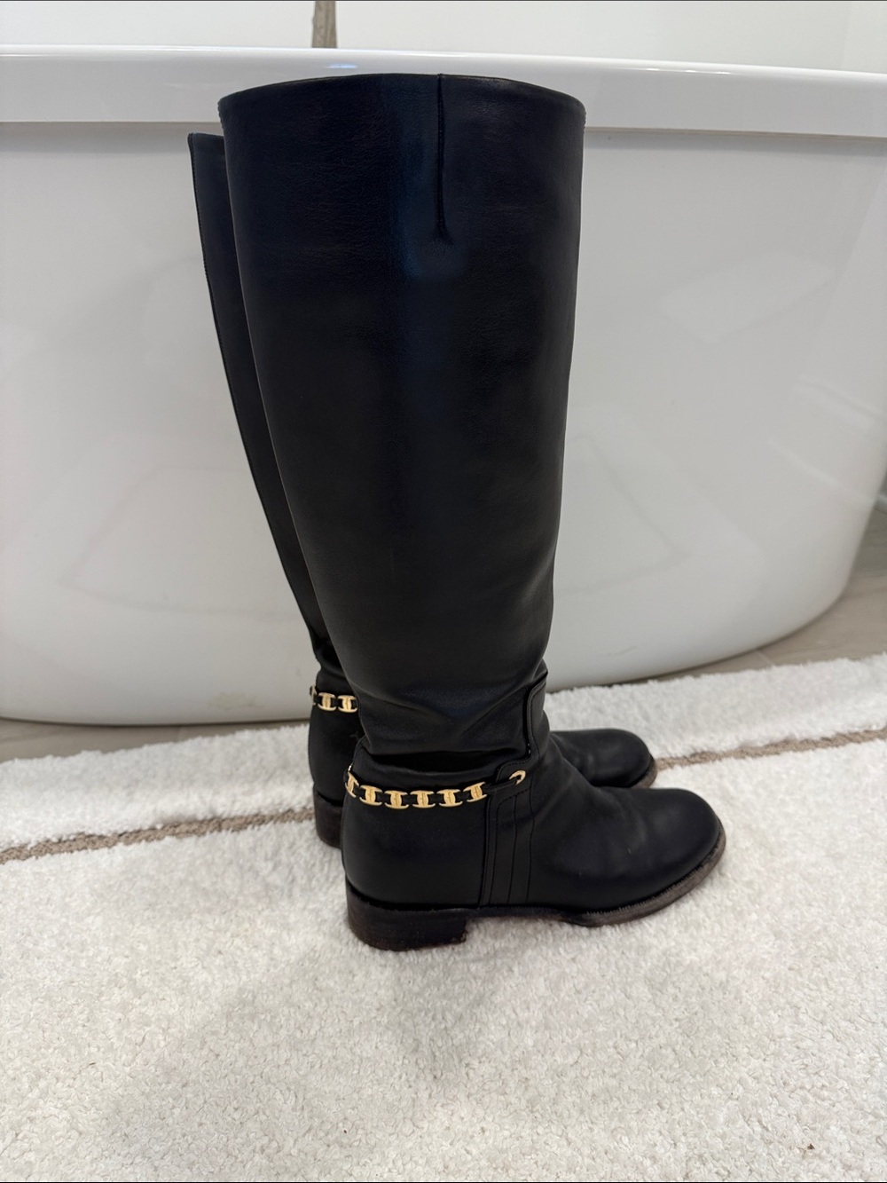 Salvatore Ferragamo Black Leather Boots with Gold Chain Detail